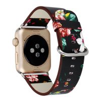 eses Kožený kvetinový remienok pre Apple Watch - Čierny 42mm, 44mm, 45mm, 49mm