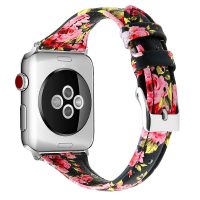 eses Kožený úzky remienok pre Apple Watch - Kvetinový, čierno ružový 38mm, 40mm, 41mm