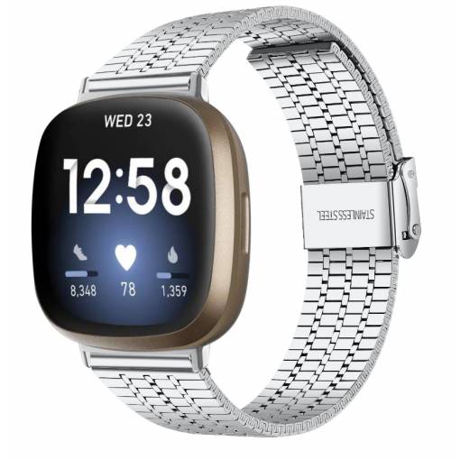 Foto - eses Kovový remienok trojitý pre Fitbit Versa 3 a 4, Sense 1 a 2 - Strieborný