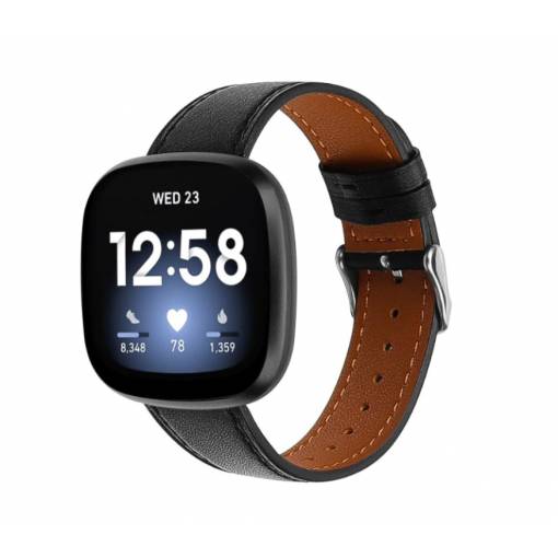 Foto - eses Kožený remienok pre Fitbit Versa 3/4, Sense 1/2 - Čierny s prešívaním