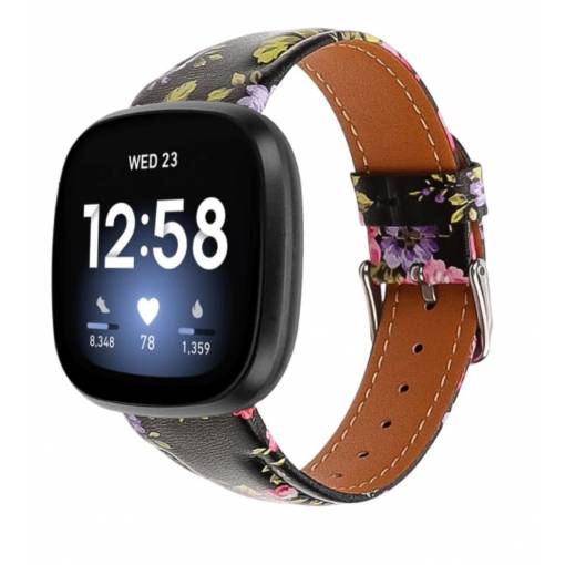 Foto - eses Kožený remienok pre Fitbit Versa 3 a 4, Sense 1 a 2 - Kvetinový s prešívaním