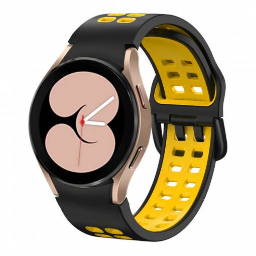 Foto - eses Silikónový dvojradový dierkovaný remienok pre Samsung Galaxy Watch 4, 5, 6, 7 - Čierno žltý, 20 mm