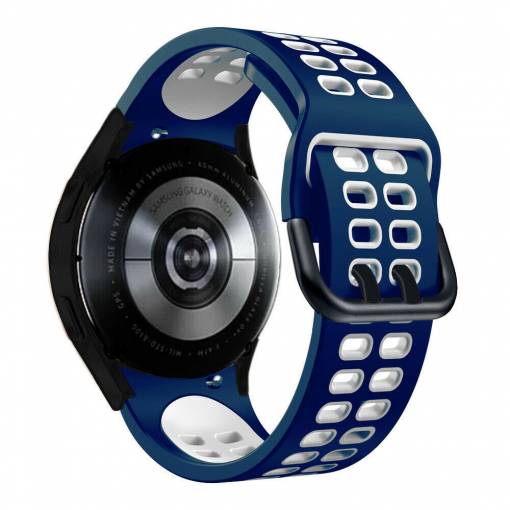 Foto - eses Silikónový dvojradový dierkovaný remienok pre Samsung Galaxy Watch 4, 5, 6, 7 - Tmavo modro biely, 20 mm