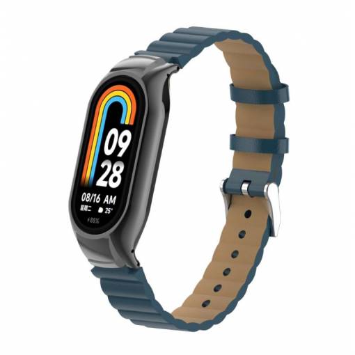 Foto - eses Kožený vlnitý remienok pre Xiaomi Mi Band 8 a 9 - Tmavo modrý