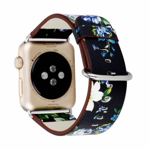 Foto - eses Kožený kvetinový remienok pre Apple Watch - Čierny a modrý 42mm, 44mm, 45mm, 49mm