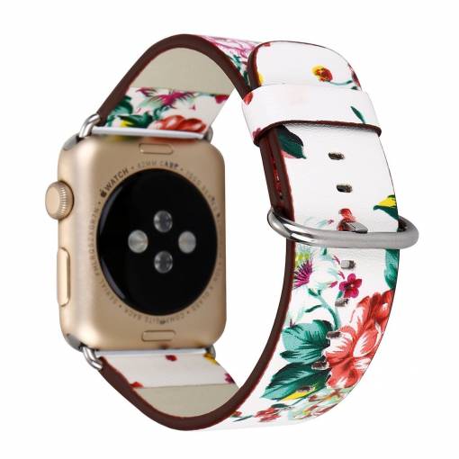 Foto - eses Kožený kvetinový remienok pre Apple Watch - Biely a červený 38mm, 40mm, 41mm
