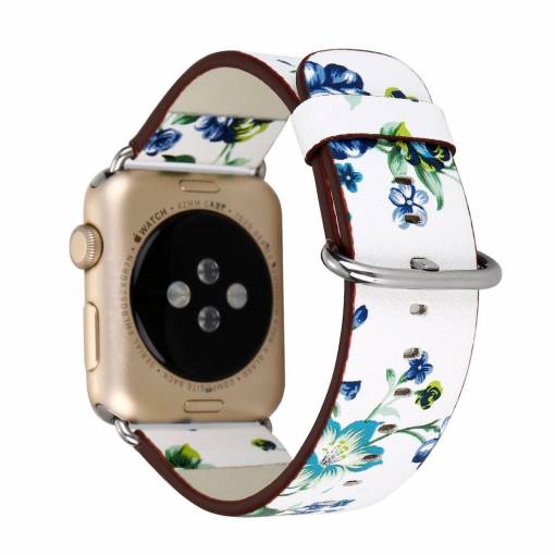 Foto - eses Kožený kvetinový remienok pre Apple Watch - Biely a modrý 38mm, 40mm, 41mm