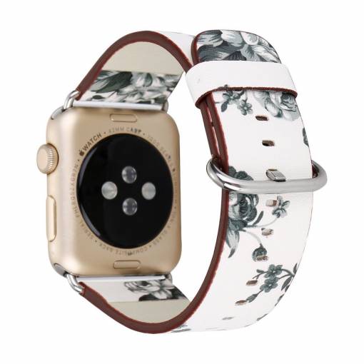 Foto - eses Kožený kvetinový remienok pre Apple Watch - Biely a sivý 42mm, 44mm, 45mm, 49mm