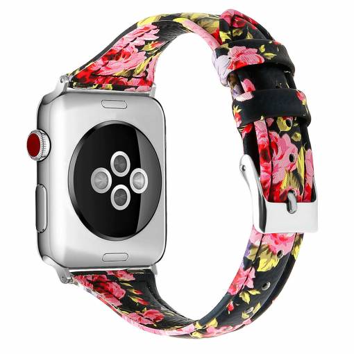 Foto - eses Kožený úzky remienok pre Apple Watch - Kvetinový, čierno ružový 38mm, 40mm, 41mm