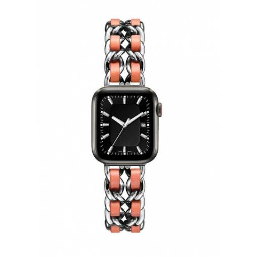 Foto - eses Kovový retiazkový remienok prepletený pre Apple Watch - Strieborno oranžový 42mm, 44mm, 45mm, 49mm