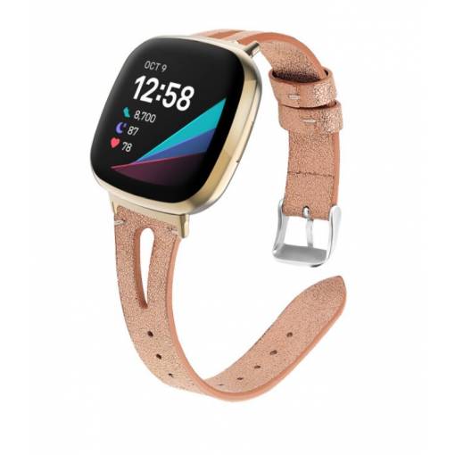 Foto - eses Kožený úzky remienok pre Fitbit Versa 3/4, Sense 1/2 - Ružová zlatá